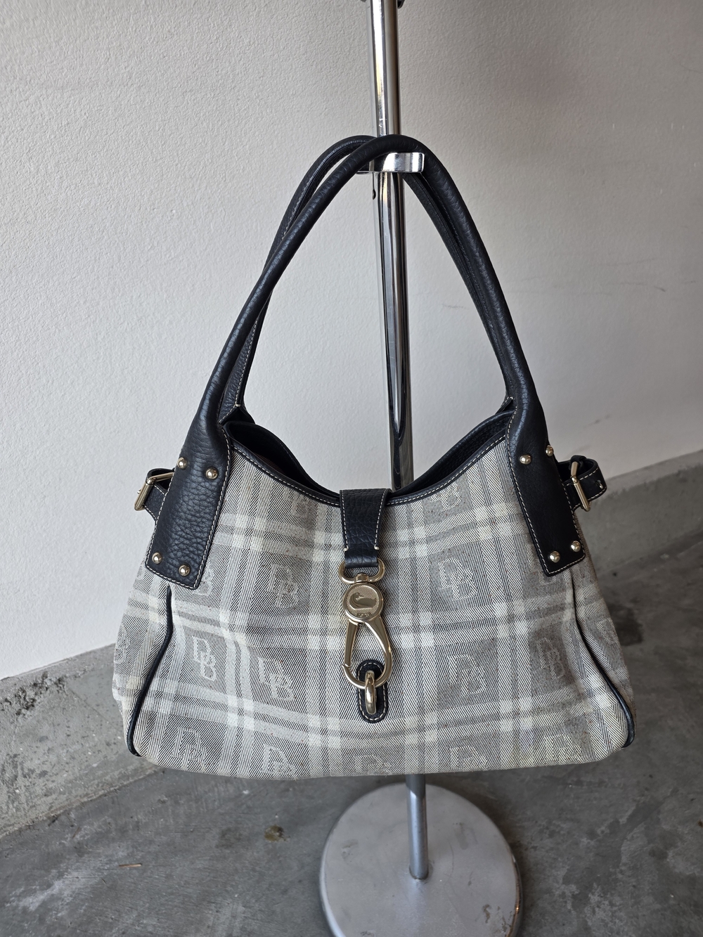 Gray Plaid Shoulder Bag with Black Trim